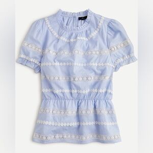 🌻J. Crew Daisy-chain Blue Peplum Short Sleeve Top w White Embroidery Size M